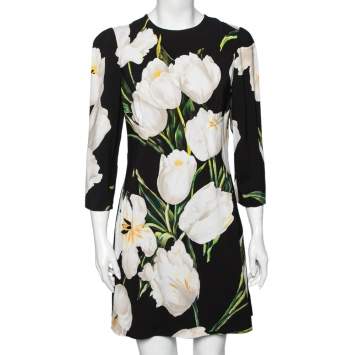 Pre Owned Dolce & Gabbana Black Printed Crepe Sheath Dress M