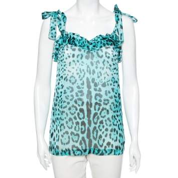 Pre Owned Dolce & Gabbana  Blue Animal Printed Silk Ruffle Detail Sleeveless Top S