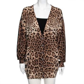 Pre Owned Dolce & Gabbana Brown Leopard Print Cashmere Button Front Cardigan M