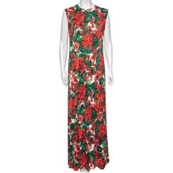 Pre Owned Dolce & Gabbana Red & Green Floral Printed Jersey Maxi Dress XL