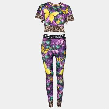 Pre Owned Dolce & Gabbana x Khaled Khaled Multicolor Jersey Crop Top Leggings Set M