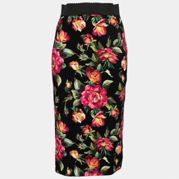 Pre Owned Dolce & Gabbana Black Floral Printed Crepe Pencil Skirt S