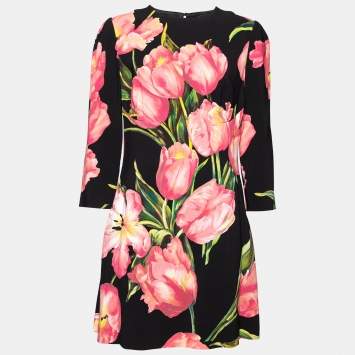 Pre Owned Dolce & Gabbana Black Tulip Printed Crepe Short Shift Dress L