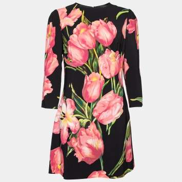 Pre Owned Dolce & Gabbana Black Tulip Printed Crepe Short Shift Dress L