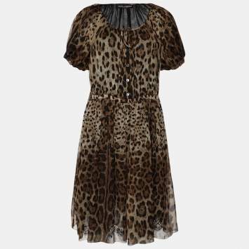 Pre Owned Dolce & Gabbana Brown Leopard Printed Silk Pleated Puffed Sleeve Dress L