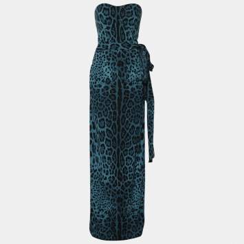 Pre Owned Dolce & Gabbana Blue and Black Leopard Print Strapless Belted Maxi Dress L