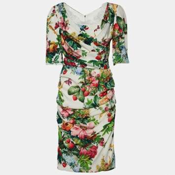 Pre Owned Dolce & Gabbana White Floral Printed Silk Draped Dress M