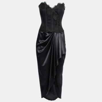 Pre Owned Dolce & Gabbana Black Lace & Satin Draped Asymmetric Corset Dress M