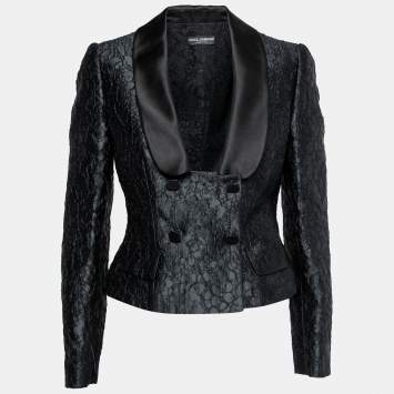 Pre Owned Dolce & Gabbana Black Textured Jacquard Satin Trimmed Blazer Jacket M