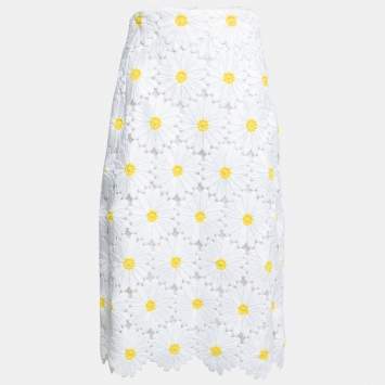Pre Owned Dolce & Gabbana White Sunflower Guipure Lace Midi Skirt S