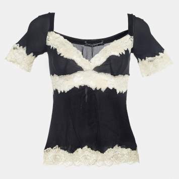 Pre Owned Dolce & Gabbana Black Stretch Knit Lace Trimmed Short Sleeve Top M