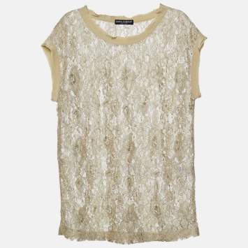Pre Owned Dolce & Gabbana Green Floral Lace Top M