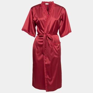 مملوكة مسبقًا Dolce & Gabbana Red Satin Ruffled Lace Trimmed Belted Robe M