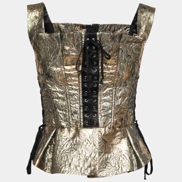 Pre Owned Dolce & Gabbana Gold Floral Lurex Jacquard Lace-Up Detail Corset Top M