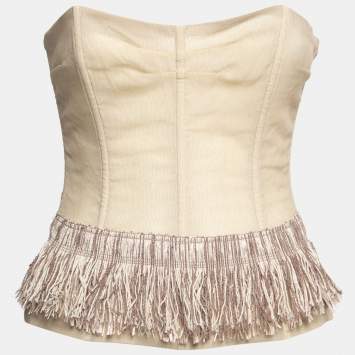 مملوكة مسبقًا Dolce & Gabbana Beige Tulle Overlay Fringe Trimmed Corset M