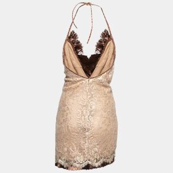 Pre Owned Dolce & Gabbana Beige Lace Fringe Trim Mini Dress M