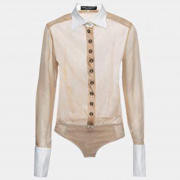 Pre Owned Dolce & Gabbana Beige Silk Detachable Collar Bodysuit Shirt M