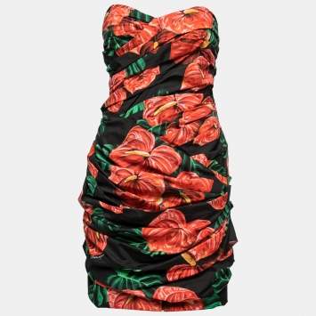 Pre Owned Dolce & Gabbana Black Floral Printed Cotton Ruched Mini Dress L 