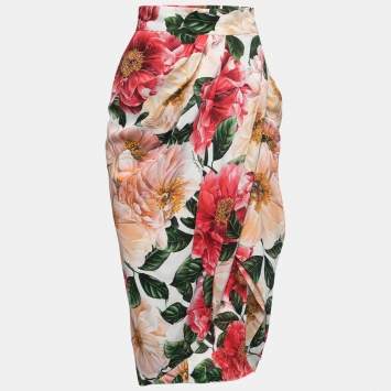 Pre Owned Dolce & Gabbana White Floral Crepe Gathered Midi Skirt XS