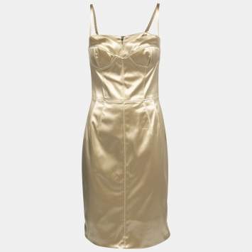 Pre Owned Dolce & Gabbana Champagne Gold Stretch Satin Bustier Bodycon Dress M
