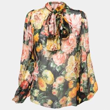 Pre Owned Dolce & Gabbana Multicolor Floral Print Sheer Silk Blouse S