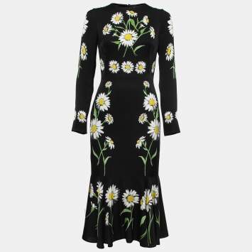 Pre Owned Dolce & Gabbana Black Floral Printed Silk Long Sleeve Dress M