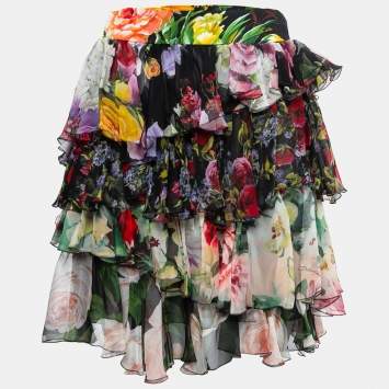 Pre Owned Dolce & Gabbana Multicolor Floral Printed Silk Ruffled Skirt M
