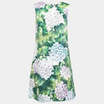 Pre Owned Dolce & Gabbana Green Hydrangea Printed Jacquard Shift Dress S
