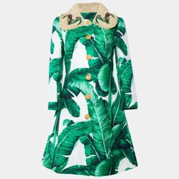 Pre Owned Dolce & Gabbana Green Banana Leaf Printed Cotton Jacquard Coat M