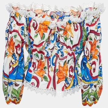 Pre Owned Dolce & Gabbana Multicolor Majolica Printed Cotton Lace Detail Off Shoulder Top L