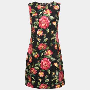 Pre Owned Dolce & Gabbana Black Rose Print Embossed Jacquared Sleeveless Dress M