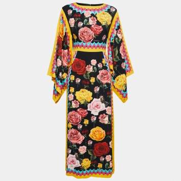 Pre Owned Dolce & Gabbana Black Rose Printed Silk Kimono Dress S