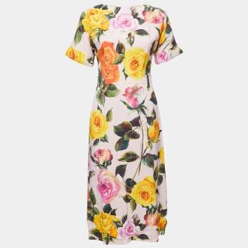 Pre Owned Dolce & Gabbana Pink Floral Printed Crepe Midi Dress S