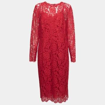 Pre Owned Dolce & Gabbana Red Floral Lace Collared Midi Dress 2XL