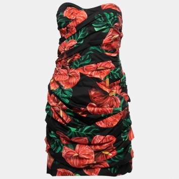 Pre Owned Dolce & Gabbana Black Floral Printed Cotton Ruched Strapless Dress L