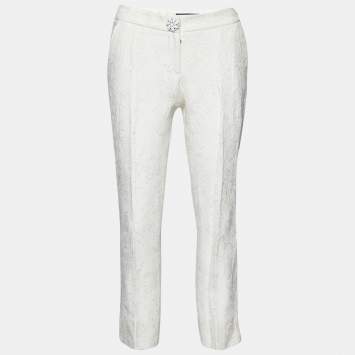 Pre Owned Dolce & Gabbana White Brocade Tapered Leg Pants XS