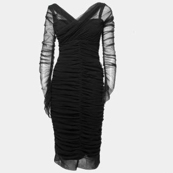 Pre Owned Dolce & Gabbana Black Mesh Ruched Bodycon Midi Dress M