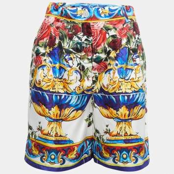 Pre Owned Dolce & Gabbana Multicolor Floral Majolica Printed Silk Bermuda Shorts S