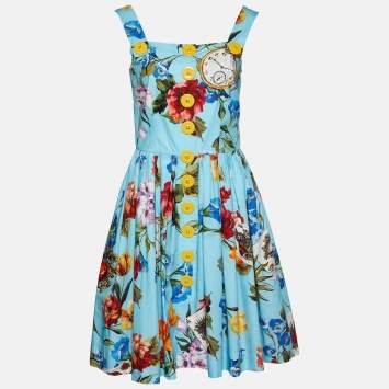 Pre Owned Dolce & Gabbana Blue Floral Printed Cotton Sleeveless Midi Dress M