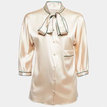 Pre Owned Dolce & Gabbana Beige Satin Silk Tie Neck Blouse S