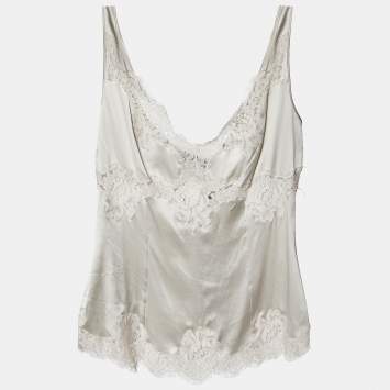 Pre Owned Dolce & Gabbana Silver Grey Satin & Lace Tank Top L