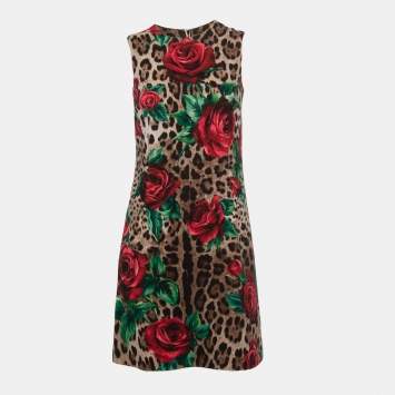 Pre Owned Dolce & Gabbana Brown Floral Animal Print Wool Shift Dress S