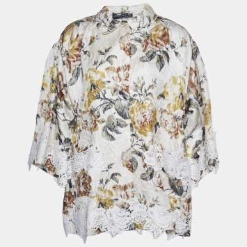 Pre Owned Dolce & Gabbana Light Cream Floral Printed Silk Jacquard Button Front Jacket S