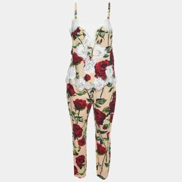 Pre Owned Dolce & Gabbana Beige Rose Printed Crepe & Lace Cami Top & Pants Set L