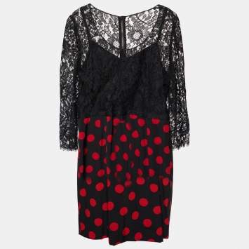 مملوكة مسبقًا Dolce & Gabbana Black Lace & Polka Dot Printed Silk Midi Dress L