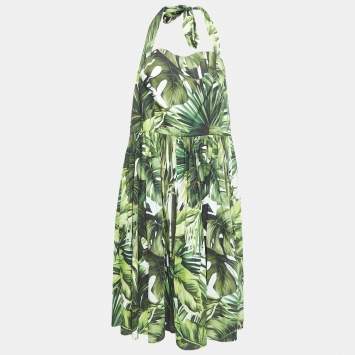 Pre Owned Dolce & Gabbana Green Leaves Print Cotton Halter Neck Short Dress 2XL