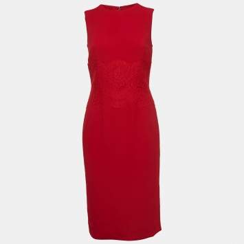 Pre Owned Dolce & Gabbana Red Crepe Lace Trim Sleeveless Dress M