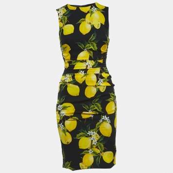 Pre Owned Dolce & Gabbana Black Lemon Print Satin Silk Draped Sleeveless Mini Dress S