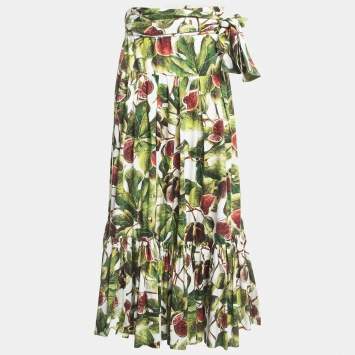 Pre Owned Dolce & Gabbana Green Fig Print Cotton Pleated Detail A-Line Skirt M