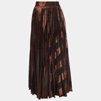 Pre Owned Dolce & Gabbana Brown Pleated Velvet Shimmer Effect Maxi Skirt M